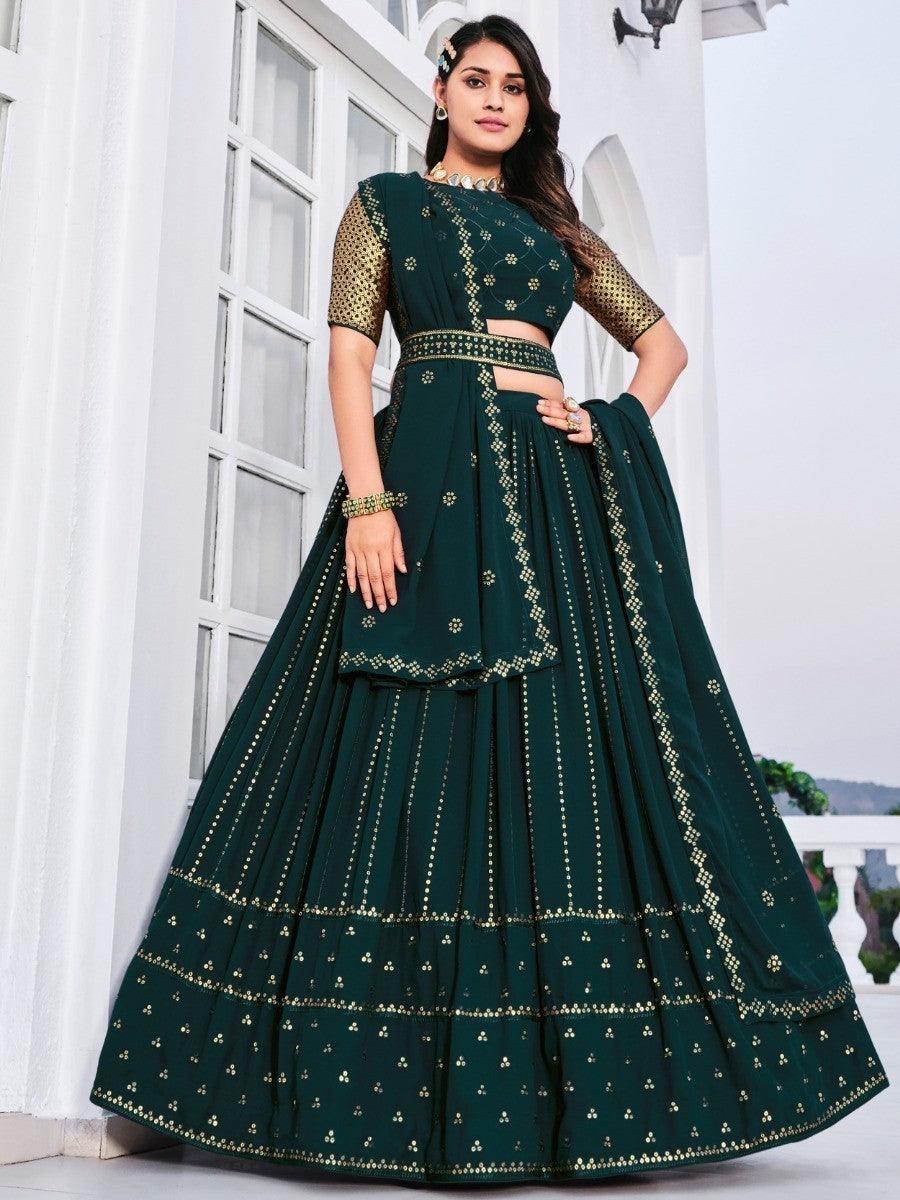 Teal Green Sequins Georgette Wedding Wear Lehenga Choli