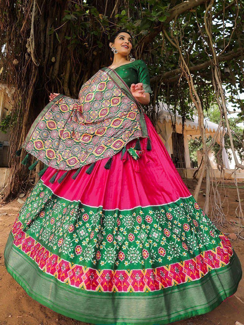 Fabulous Pink Green Patola Printed Silk Garba Wear Lehenga Choli