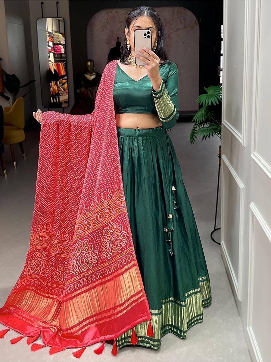 Pretty Green Gaji Silk Traditional Lehenga Choli With Bandhani Dupatta