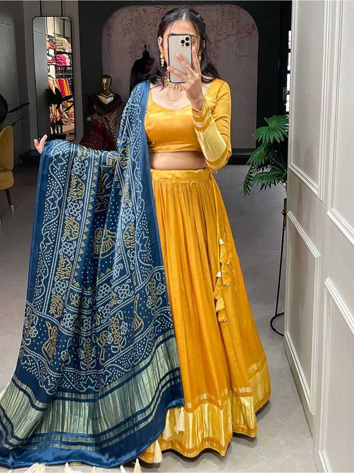 Sweet Yellow Gaji Silk Reception Lehenga Choli With Bandhani Dupatta