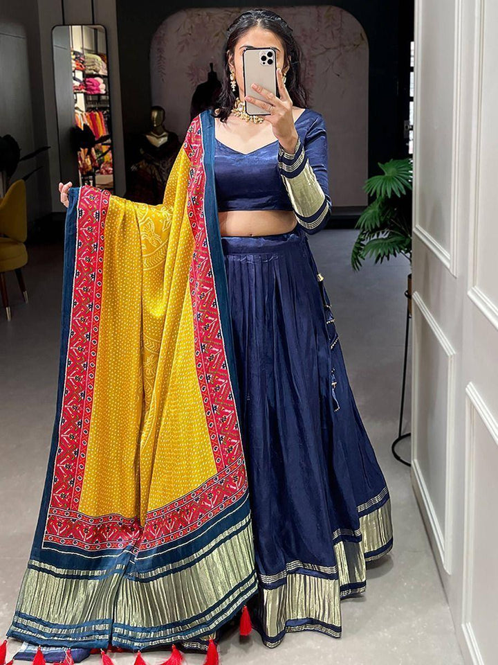 Alluring Navy Blue Gaji Silk Lehenga Choli With Bandhani Dupatta