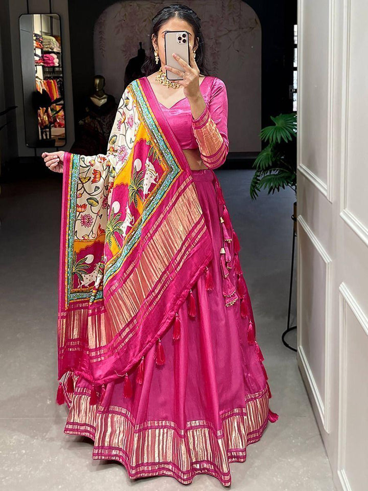 Lovely Pink Gaji Silk Wedding Lehenga Choli With Bandhani Dupatta