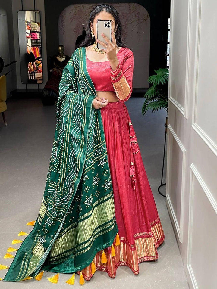 Cute Red Gaji Silk Traditional Lehenga Choli With Bandhani Dupatta