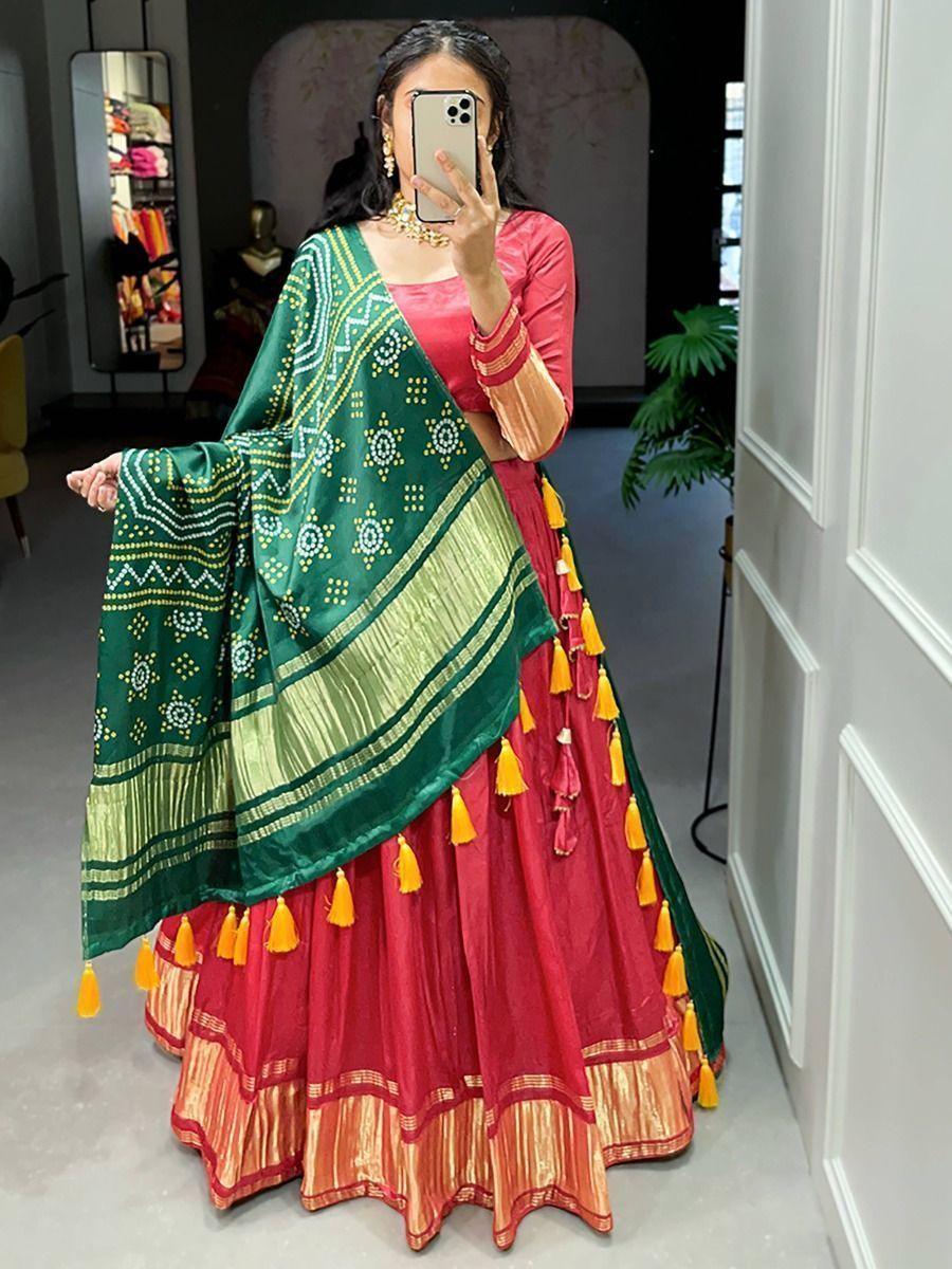 Cute Red Gaji Silk Traditional Lehenga Choli With Bandhani Dupatta