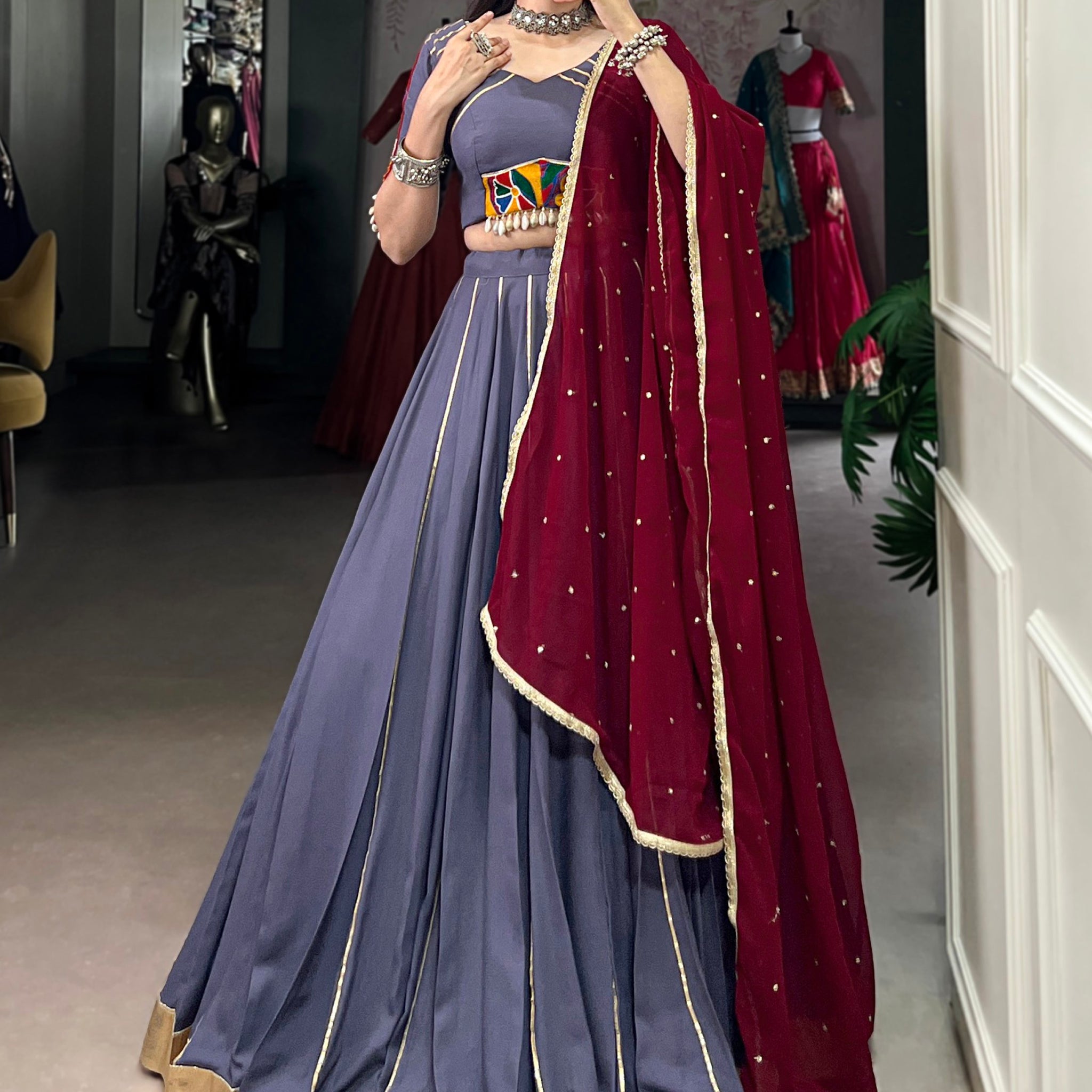 Refreshing Dusty Mauve Lace Work Rayon Traditional Lehenga With Blouse