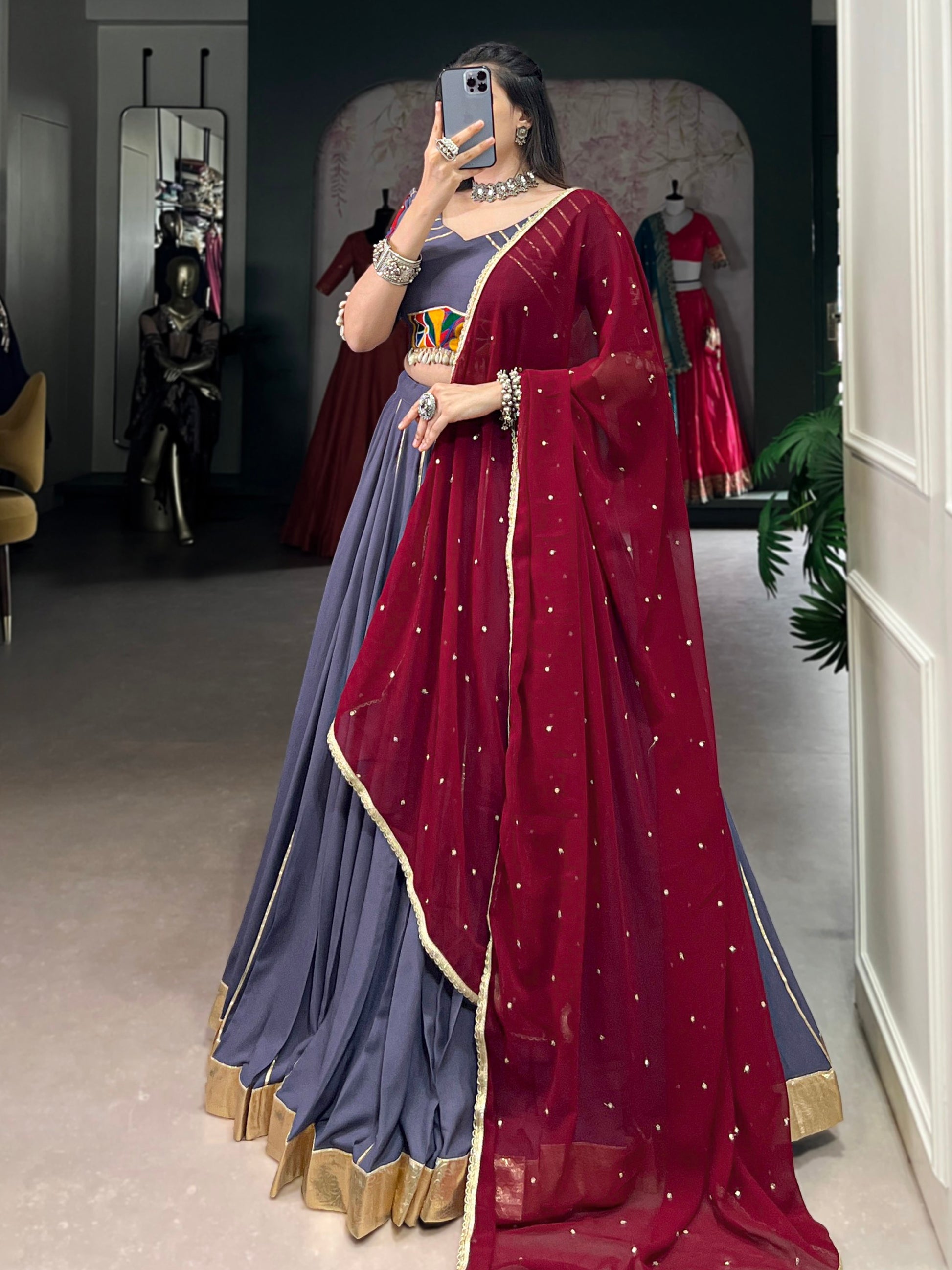 Refreshing Dusty Mauve Lace Work Rayon Traditional Lehenga With Blouse