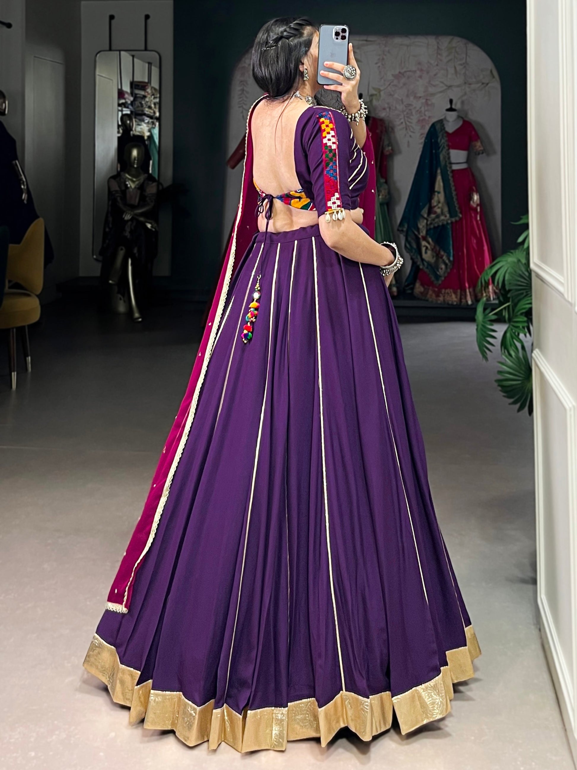 Chic Purple Gota Patti Lace Rayon Festive Wear Lehenga Choli With Dupatta