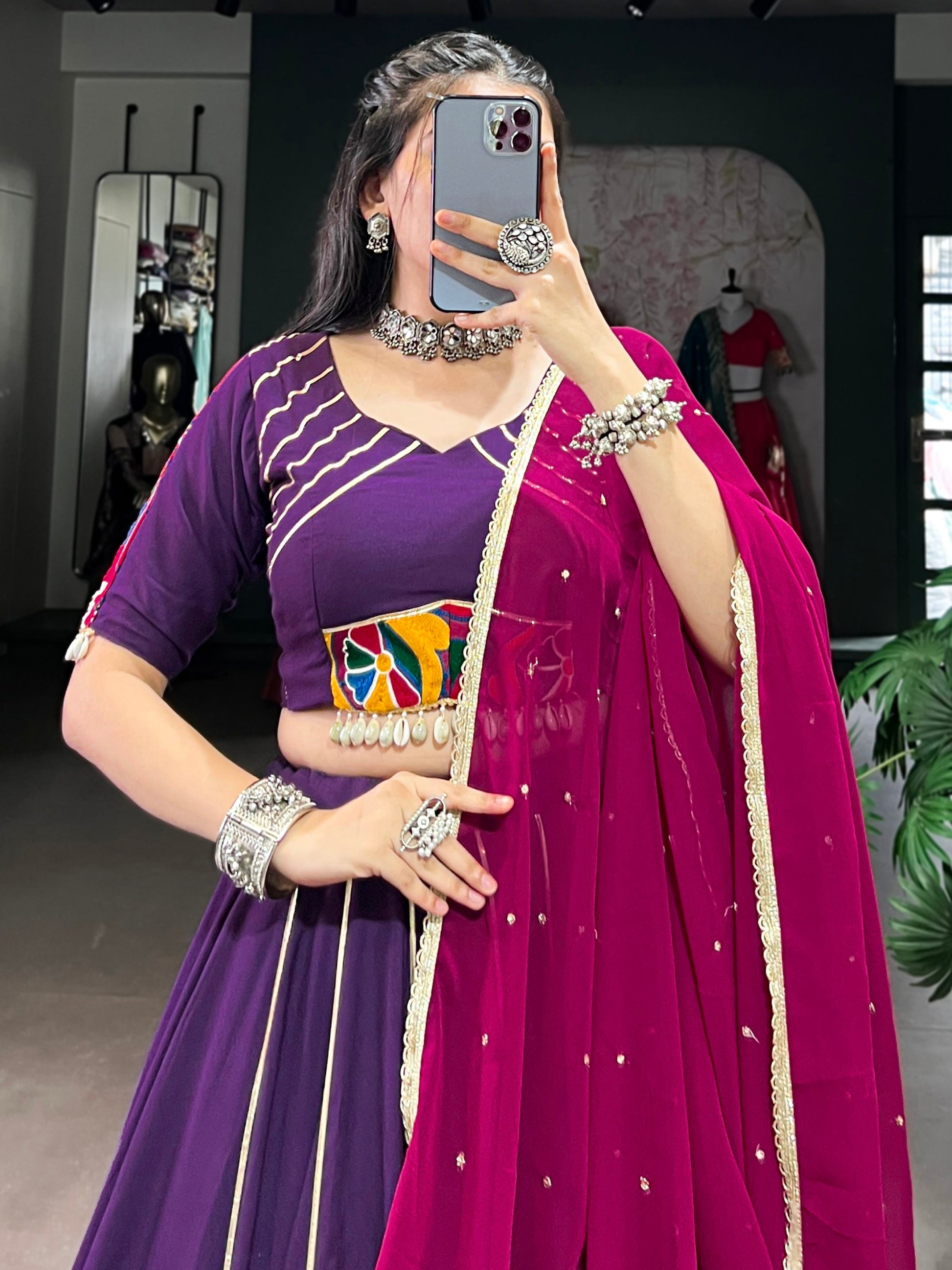 Chic Purple Gota Patti Lace Rayon Festive Wear Lehenga Choli With Dupatta
