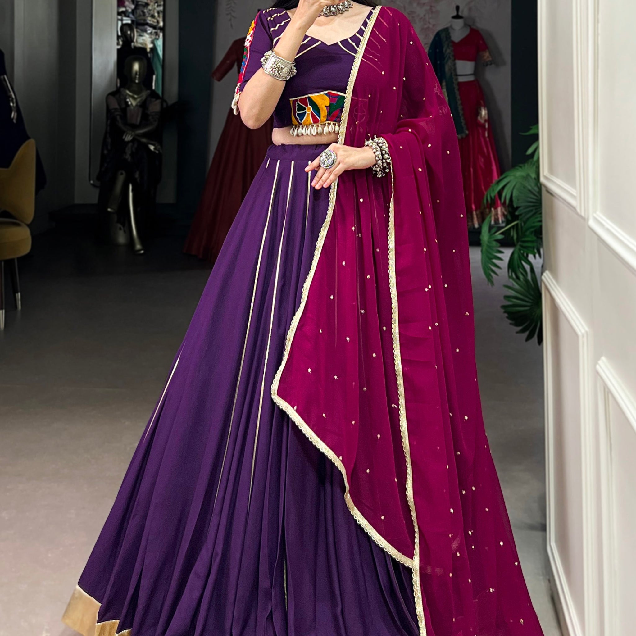 Chic Purple Gota Patti Lace Rayon Festive Wear Lehenga Choli With Dupatta