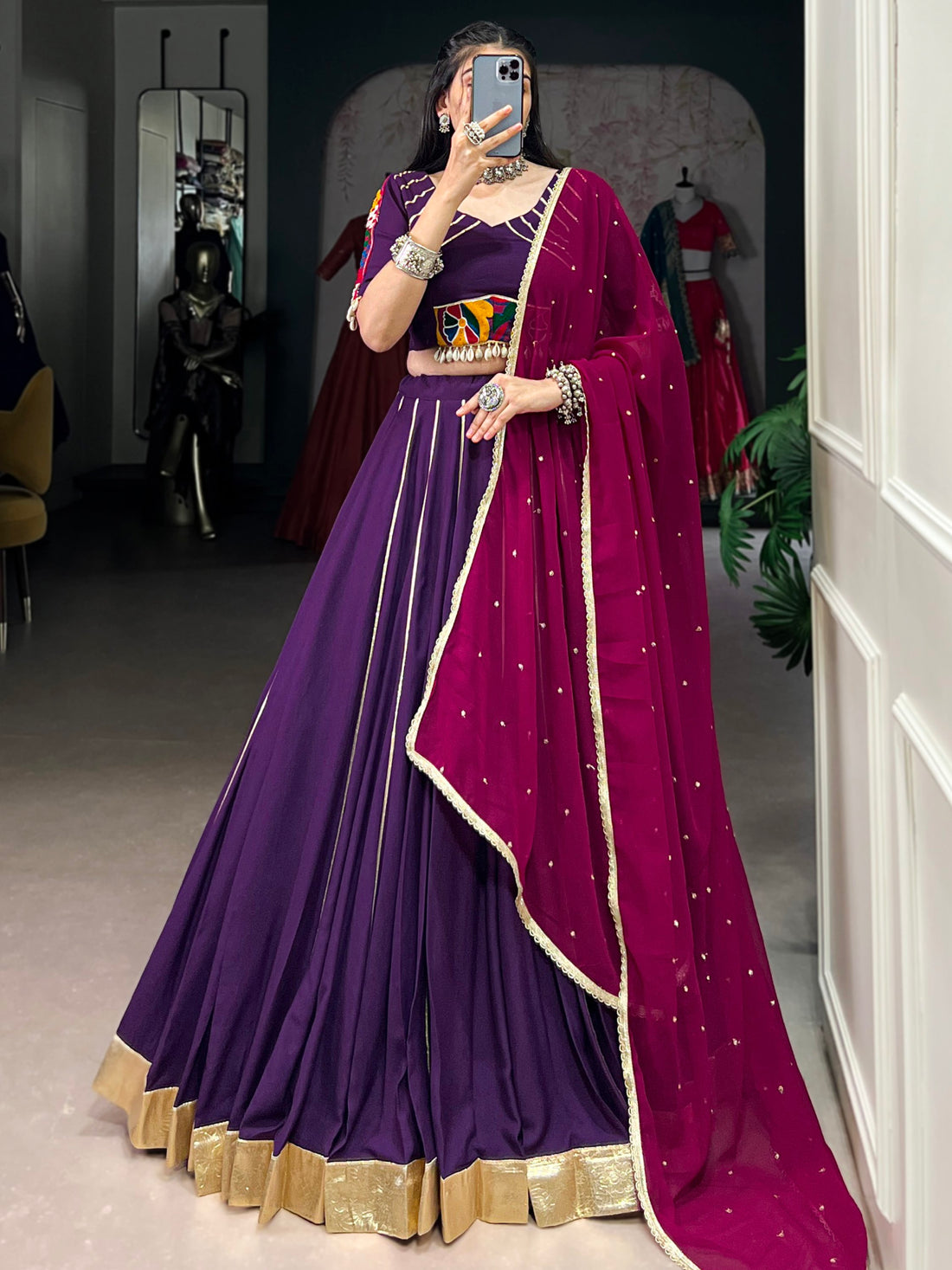 Chic Purple Gota Patti Lace Rayon Festive Wear Lehenga Choli With Dupatta