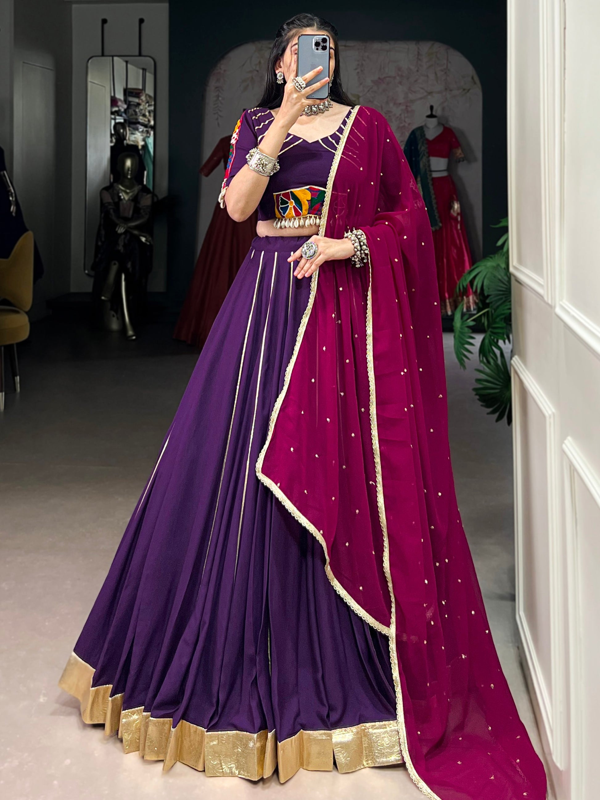 Chic Purple Gota Patti Lace Rayon Festive Wear Lehenga Choli With Dupatta