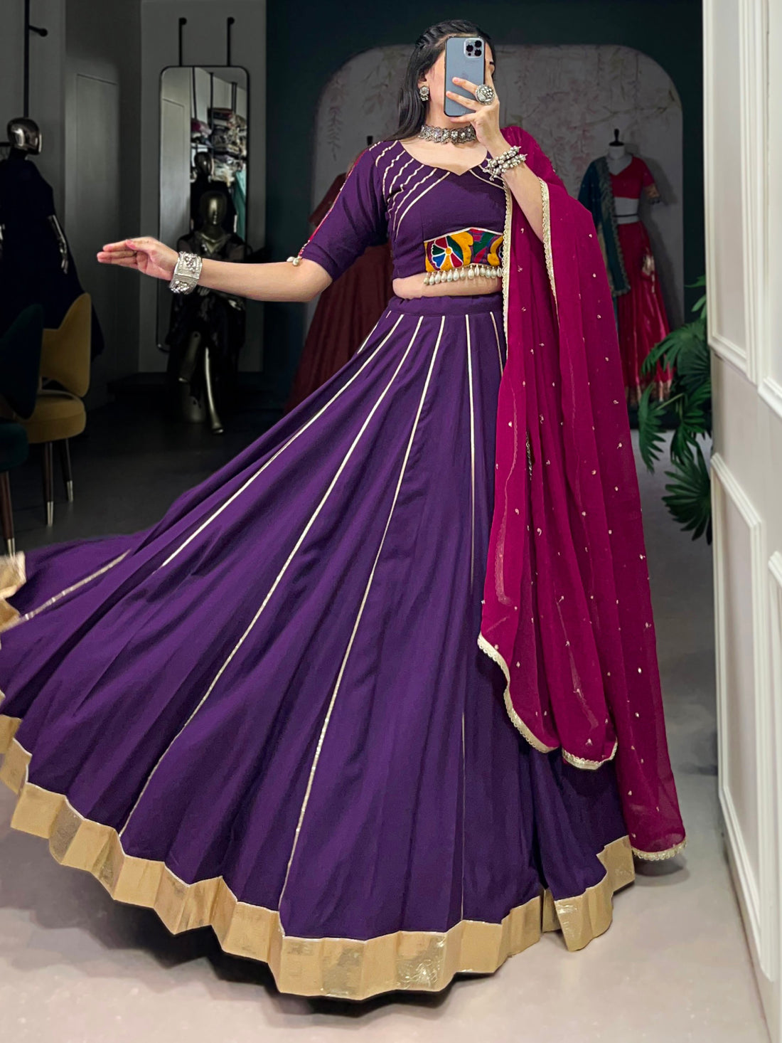 Chic Purple Gota Patti Lace Rayon Festive Wear Lehenga Choli With Dupatta