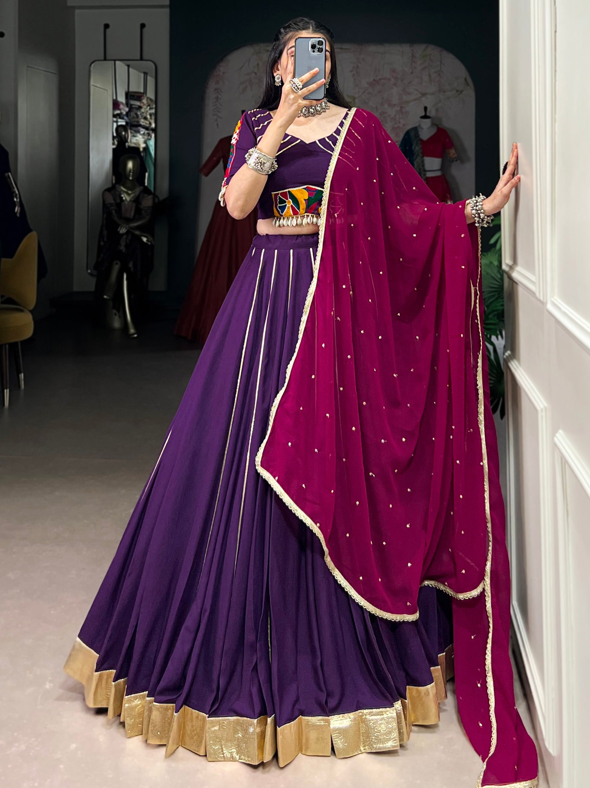 Chic Purple Gota Patti Lace Rayon Festive Wear Lehenga Choli With Dupatta