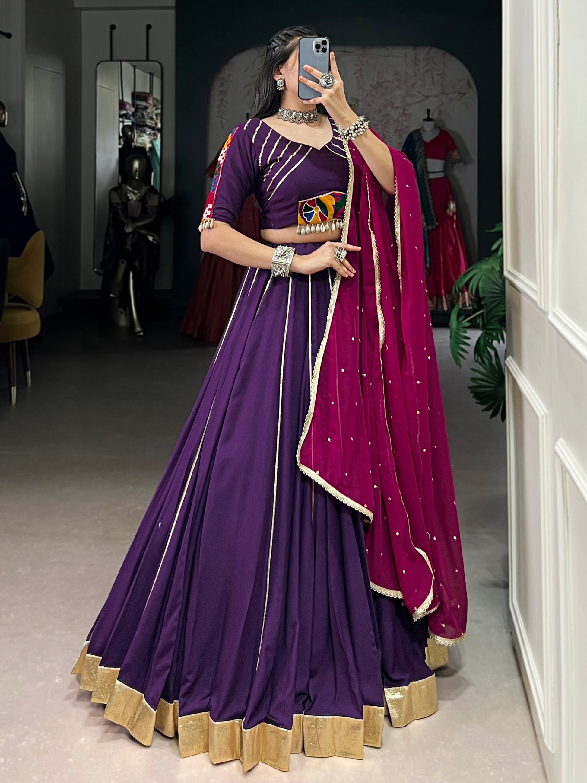 Chic Purple Gota Patti Lace Rayon Festive Wear Lehenga Choli With Dupatta