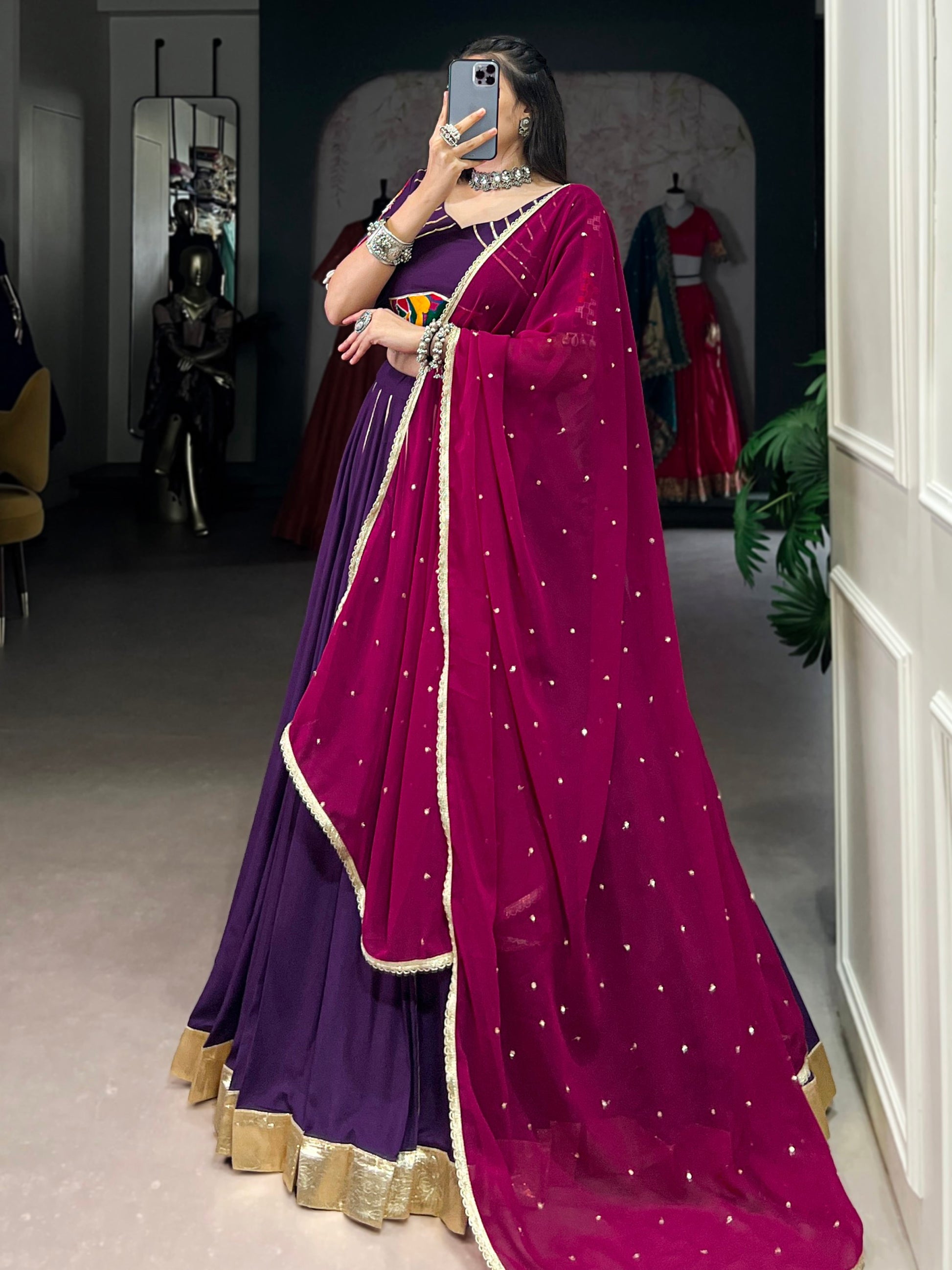 Chic Purple Gota Patti Lace Rayon Festive Wear Lehenga Choli With Dupatta