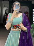 Graceful Sea Green Gamthi Work Rayon Navratri Special Lehenga Choli