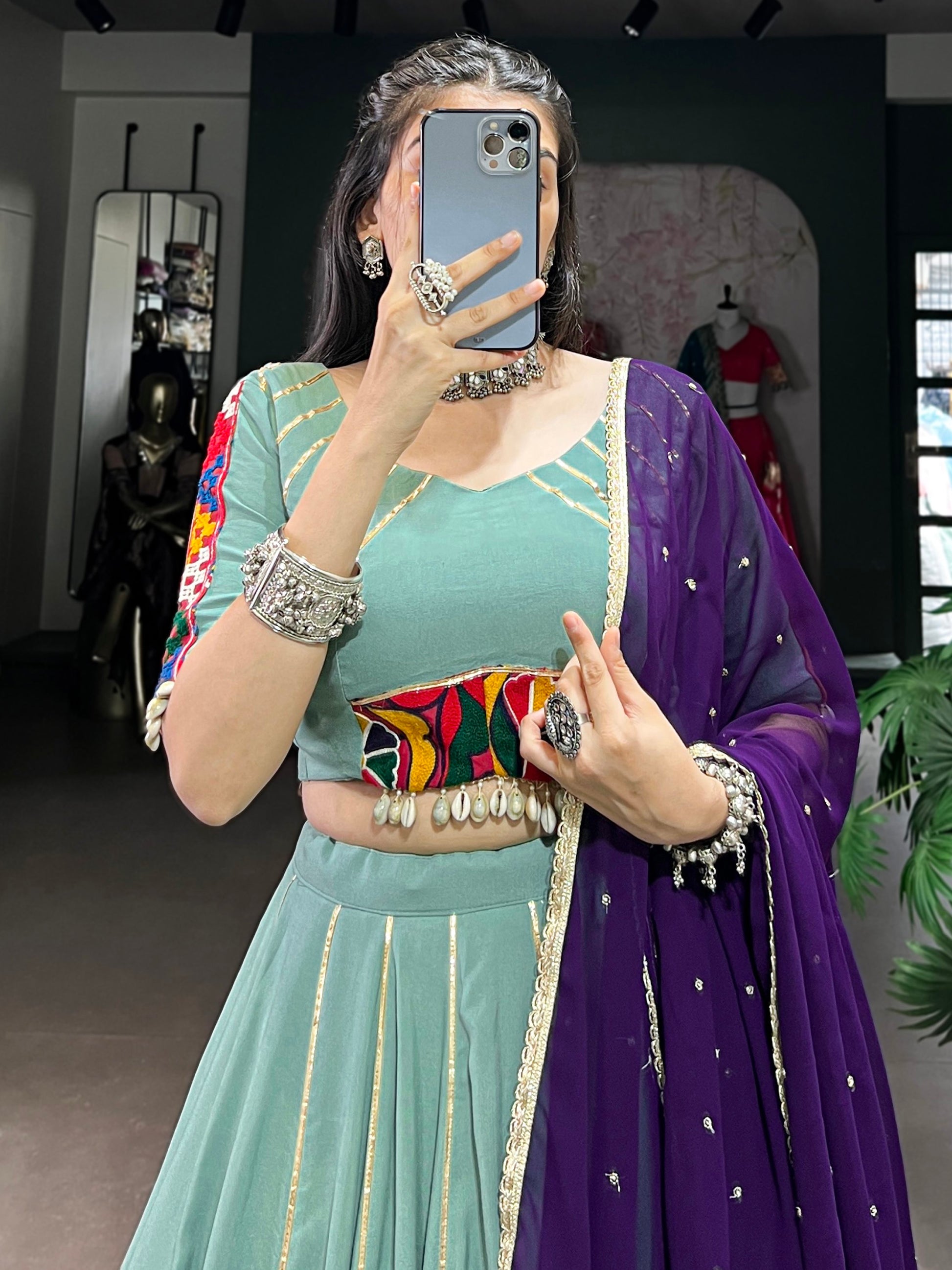 Graceful Sea Green Gamthi Work Rayon Navratri Special Lehenga Choli