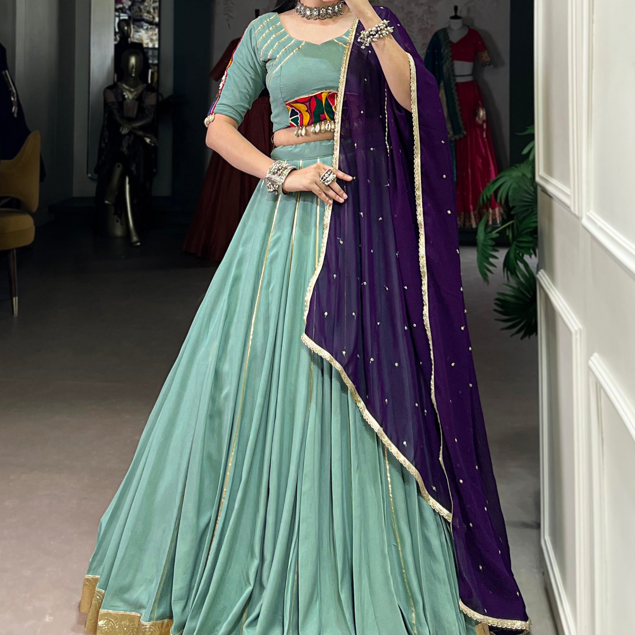 Graceful Sea Green Gamthi Work Rayon Navratri Special Lehenga Choli