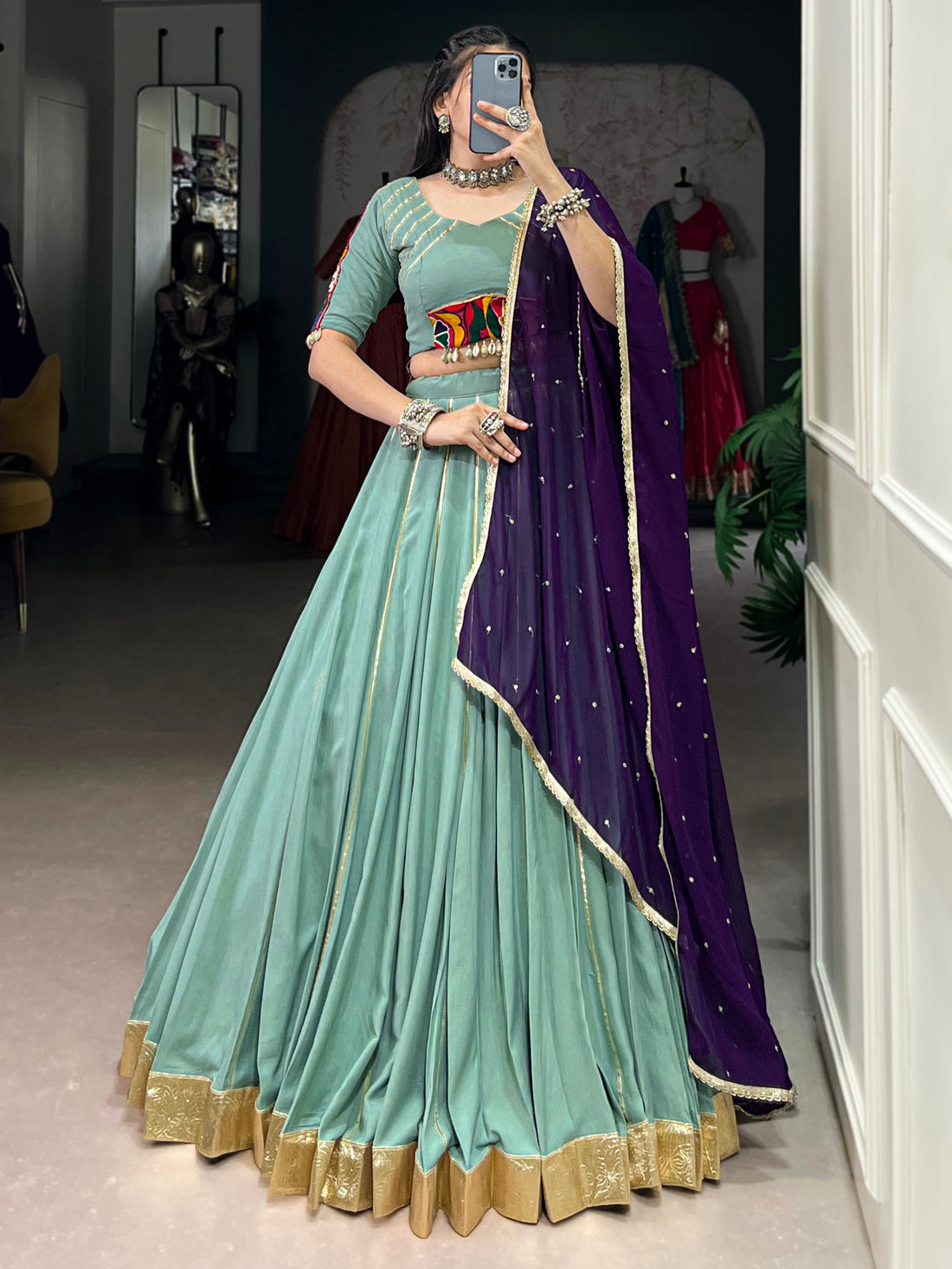 Graceful Sea Green Gamthi Work Rayon Navratri Special Lehenga Choli