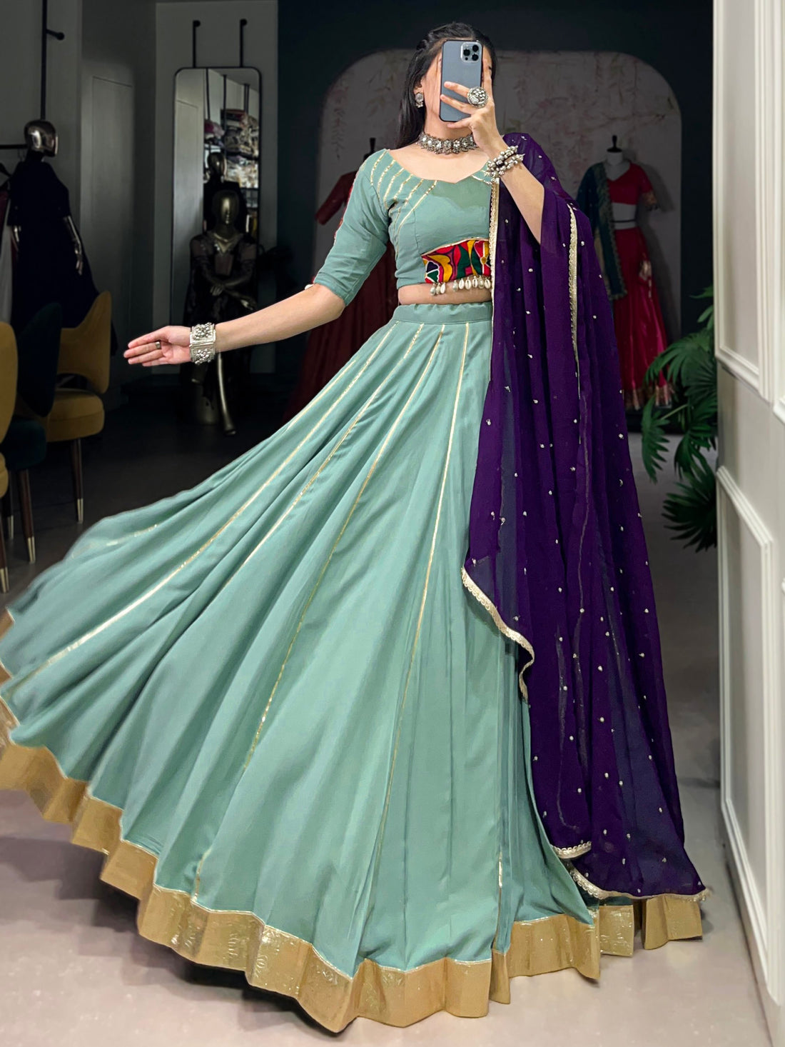 Graceful Sea Green Gamthi Work Rayon Navratri Special Lehenga Choli