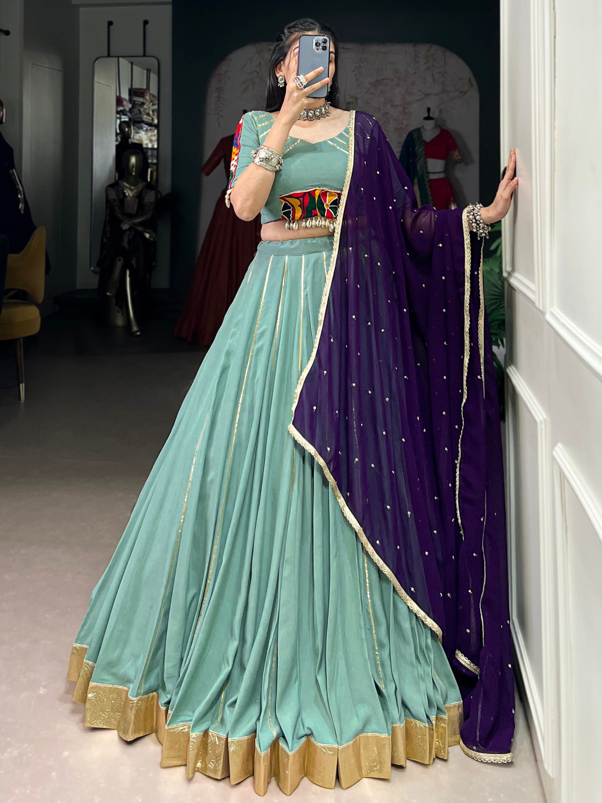 Graceful Sea Green Gamthi Work Rayon Navratri Special Lehenga Choli