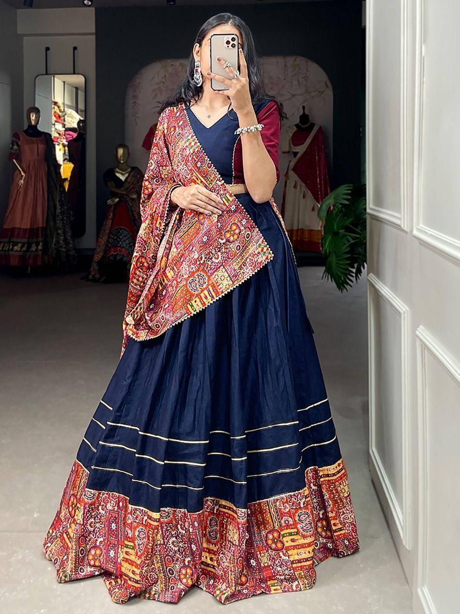 Majestic Navy Blue Digital Printed Cotton Navratri Wear Lehenga Choli
