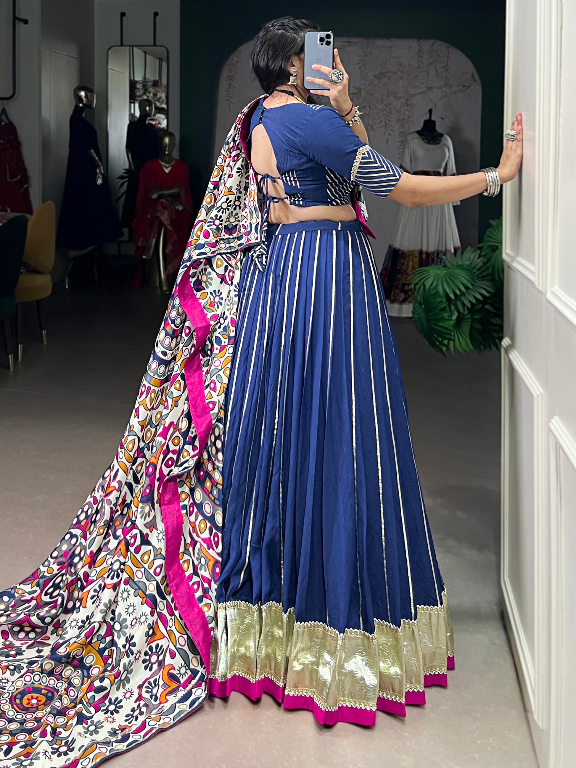 Gorgeous Navy Blue Zari Weaving Silk Navratri Lehenga Choli With Dupatta
