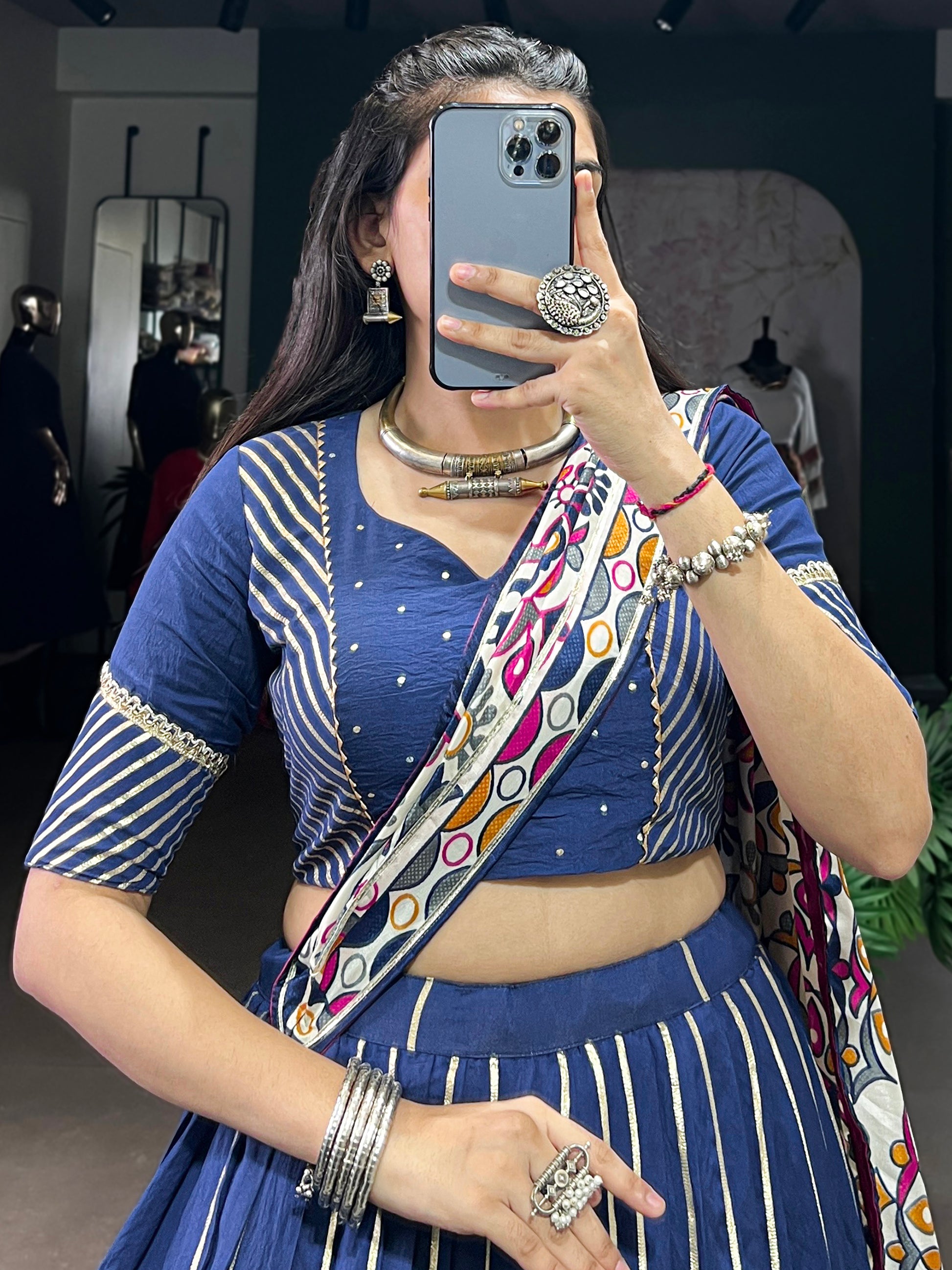 Gorgeous Navy Blue Zari Weaving Silk Navratri Lehenga Choli With Dupatta