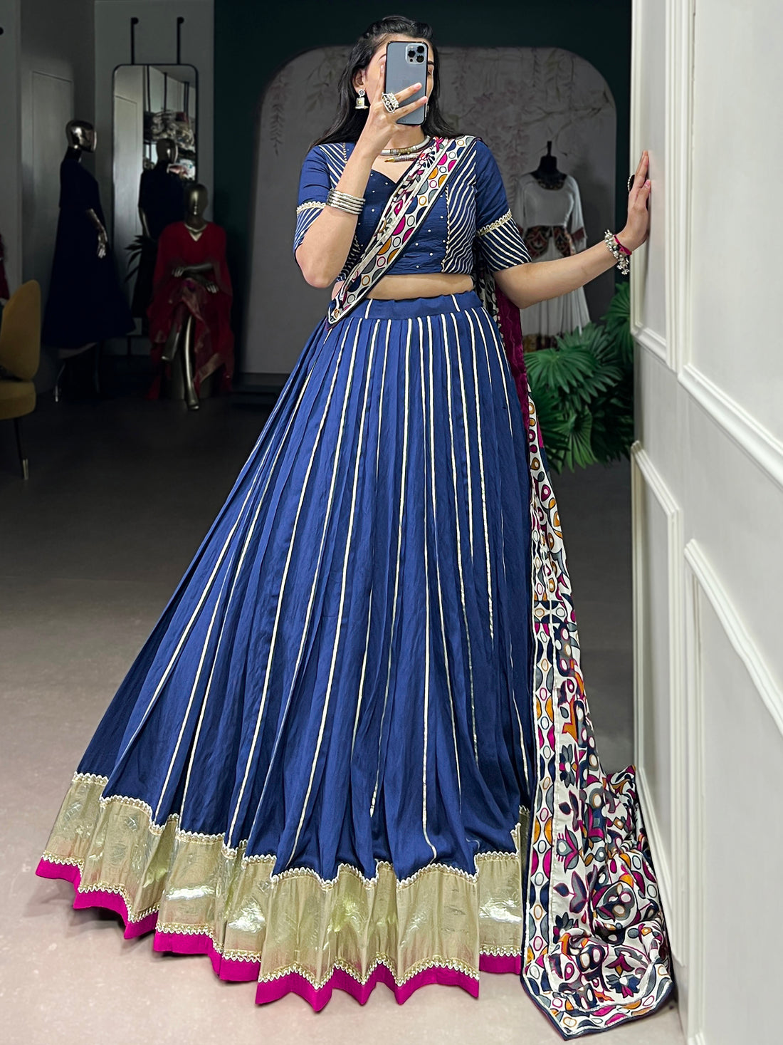 Gorgeous Navy Blue Zari Weaving Silk Navratri Lehenga Choli With Dupatta
