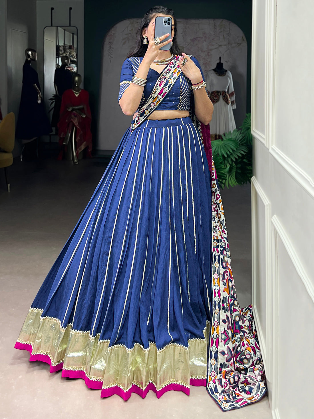 Gorgeous Navy Blue Zari Weaving Silk Navratri Lehenga Choli With Dupatta