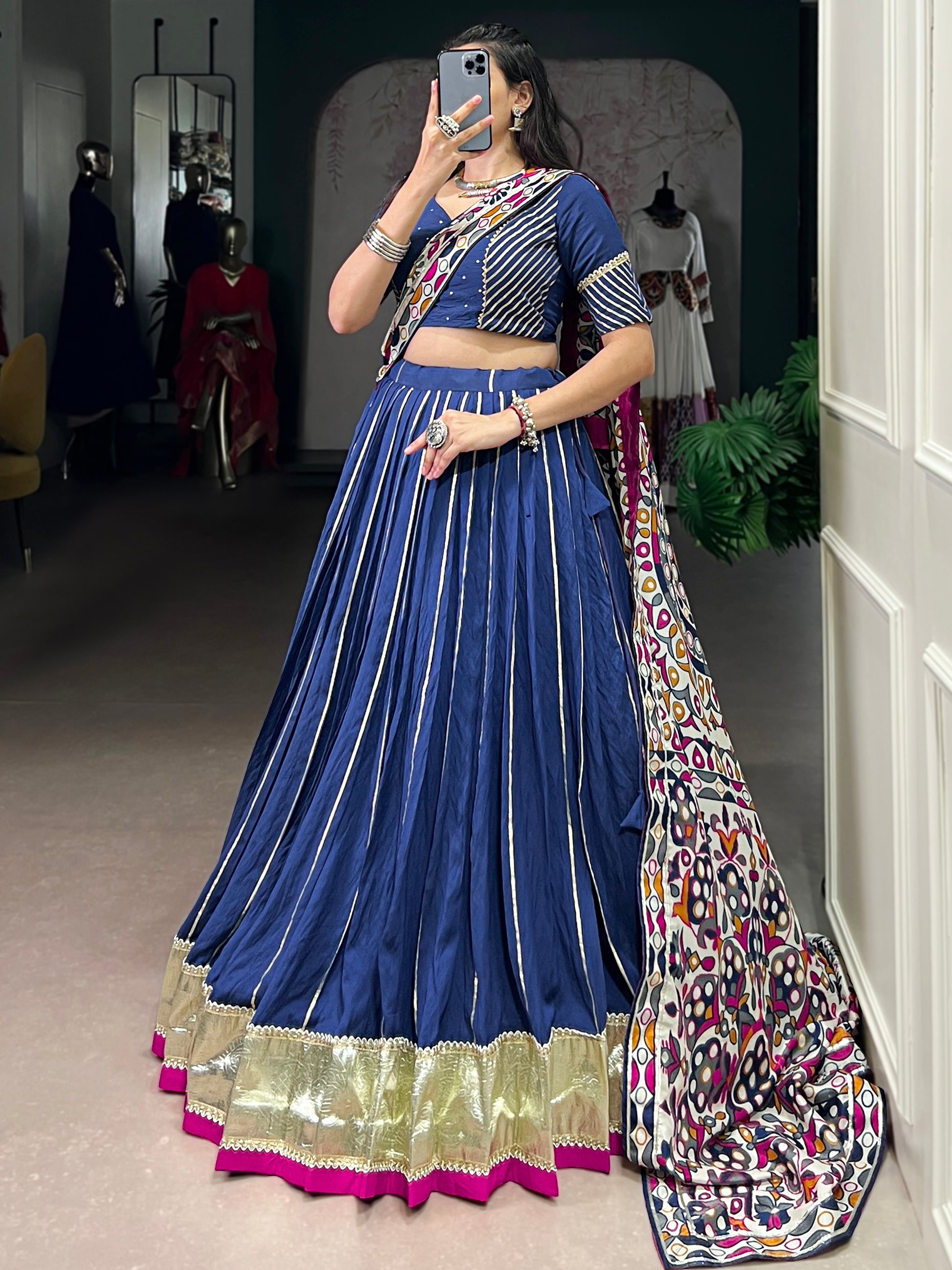 Gorgeous Navy Blue Zari Weaving Silk Navratri Lehenga Choli With Dupatta