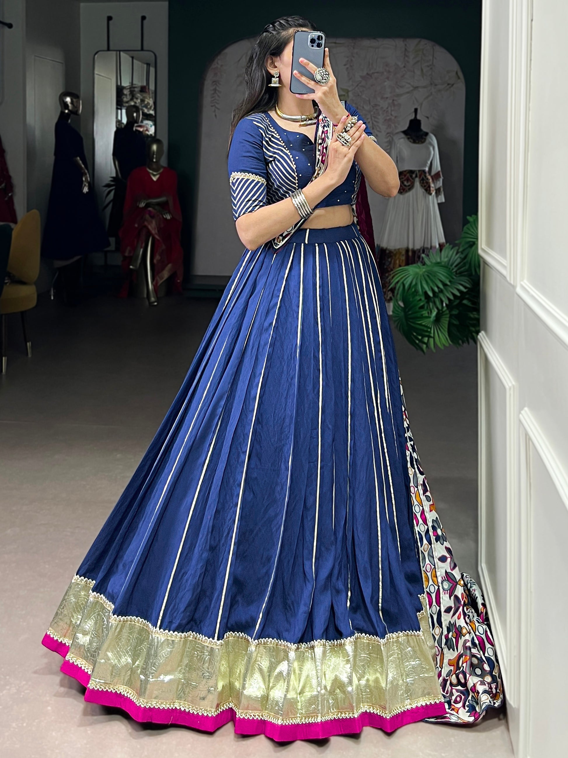 Gorgeous Navy Blue Zari Weaving Silk Navratri Lehenga Choli With Dupatta