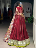 Fantastic Maroon Lace Work Chanderi Navratri Lehenga Choli With Dupatta