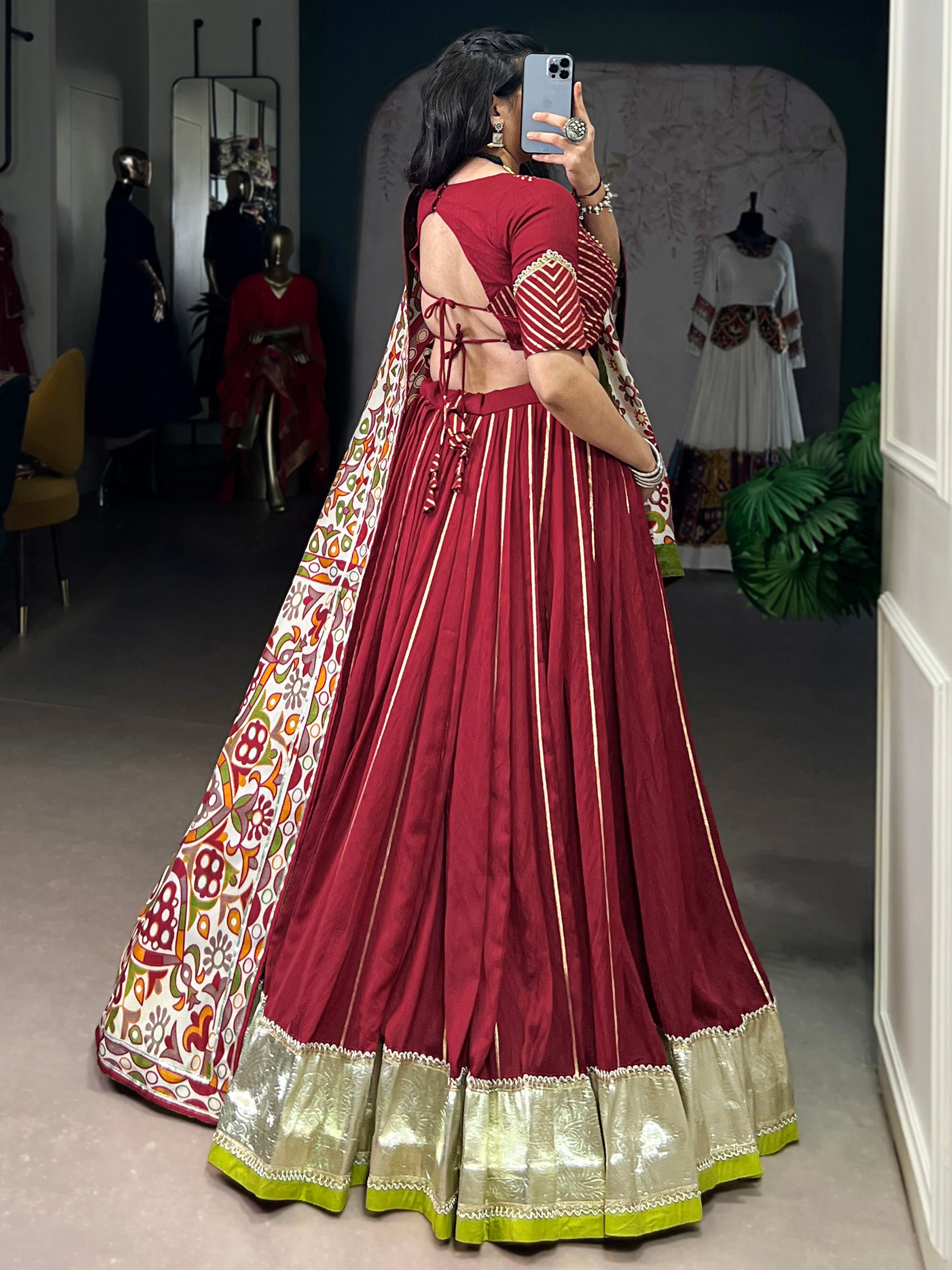 Fantastic Maroon Lace Work Chanderi Navratri Lehenga Choli With Dupatta