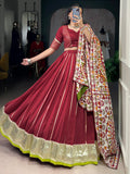 Fantastic Maroon Lace Work Chanderi Navratri Lehenga Choli With Dupatta