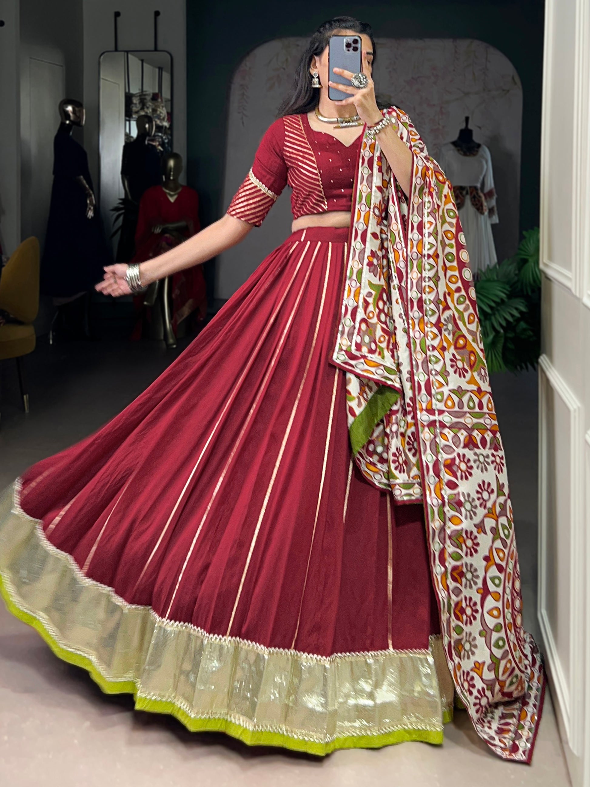 Fantastic Maroon Lace Work Chanderi Navratri Lehenga Choli With Dupatta
