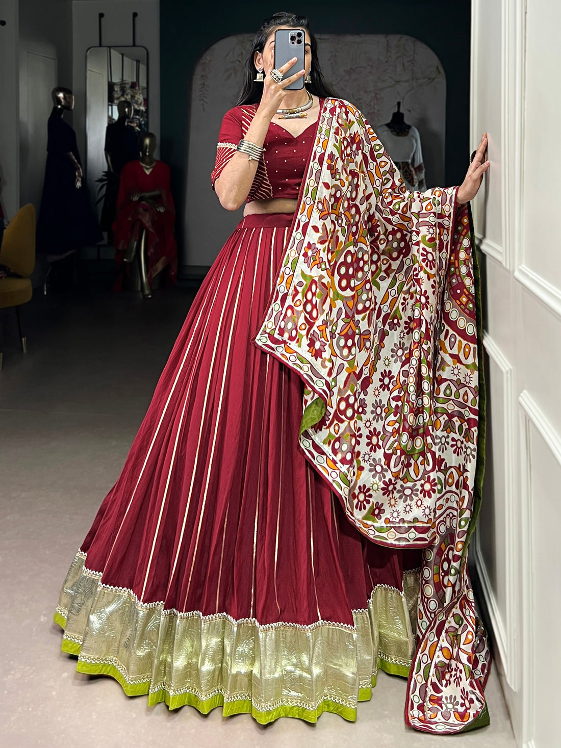 Fantastic Maroon Lace Work Chanderi Navratri Lehenga Choli With Dupatta