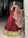 Fantastic Maroon Lace Work Chanderi Navratri Lehenga Choli With Dupatta