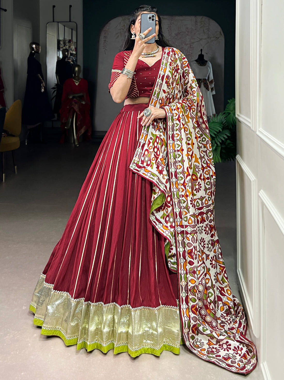 Fantastic Maroon Lace Work Chanderi Navratri Lehenga Choli With Dupatta