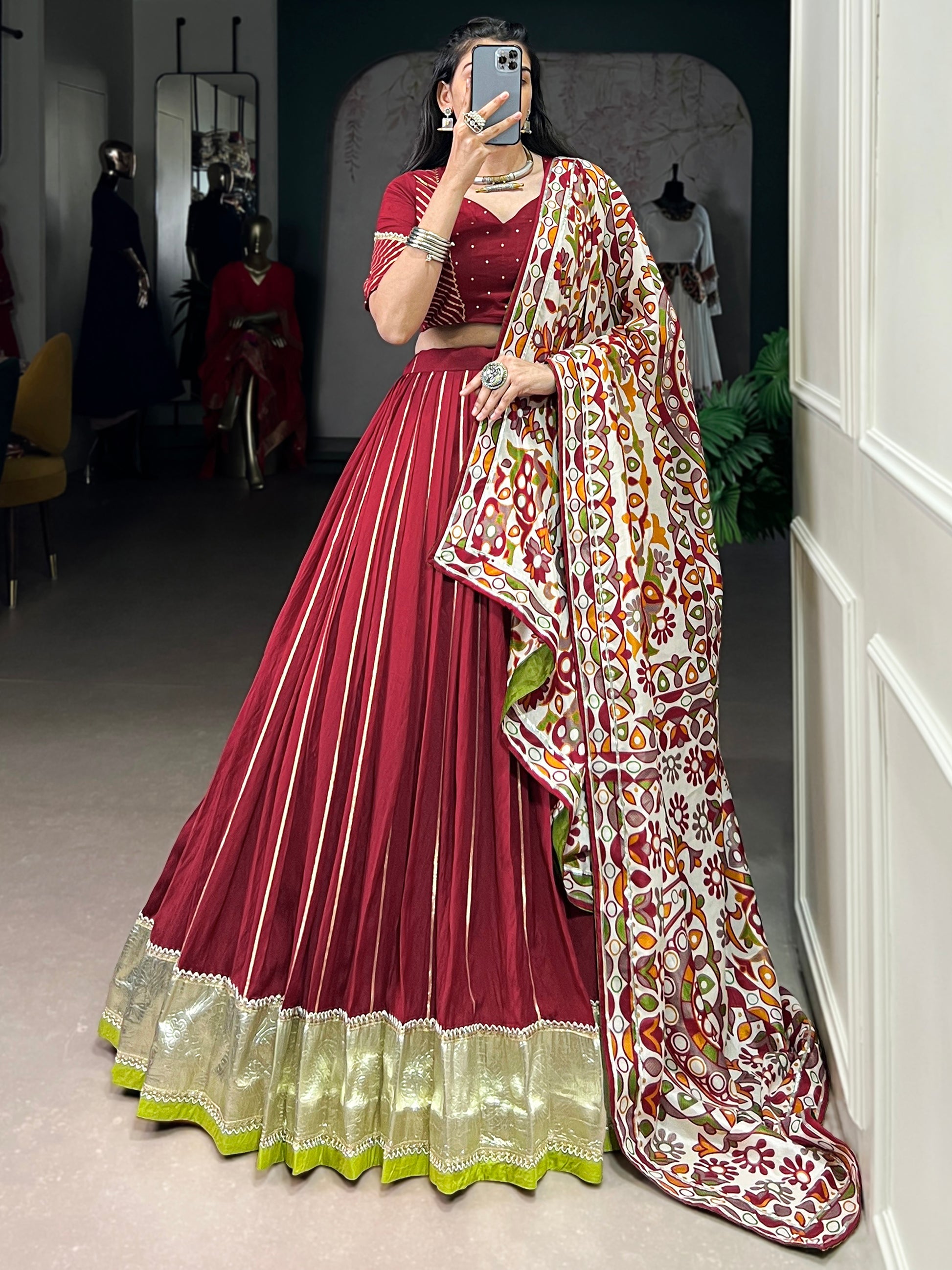 Fantastic Maroon Lace Work Chanderi Navratri Lehenga Choli With Dupatta