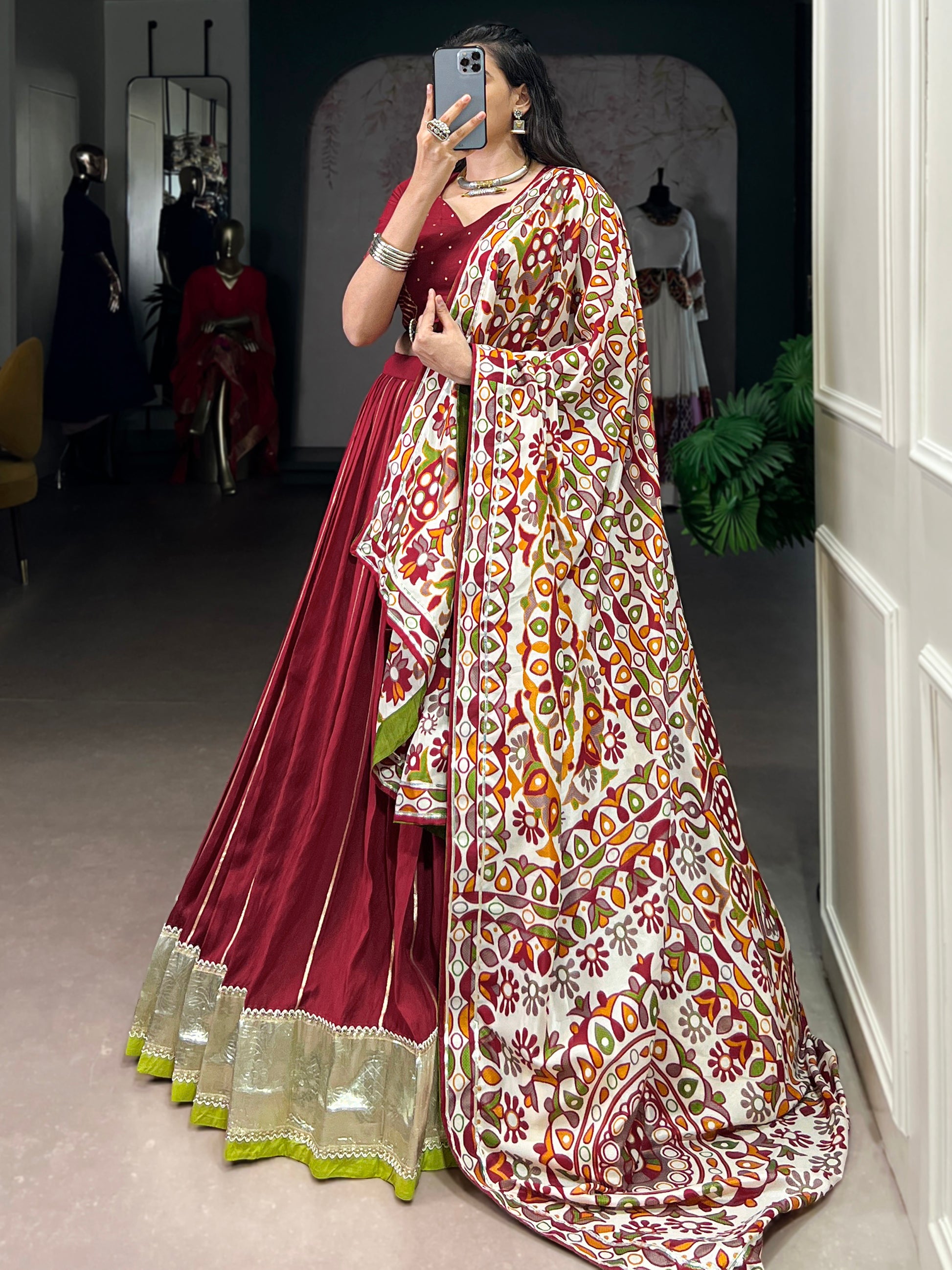 Fantastic Maroon Lace Work Chanderi Navratri Lehenga Choli With Dupatta