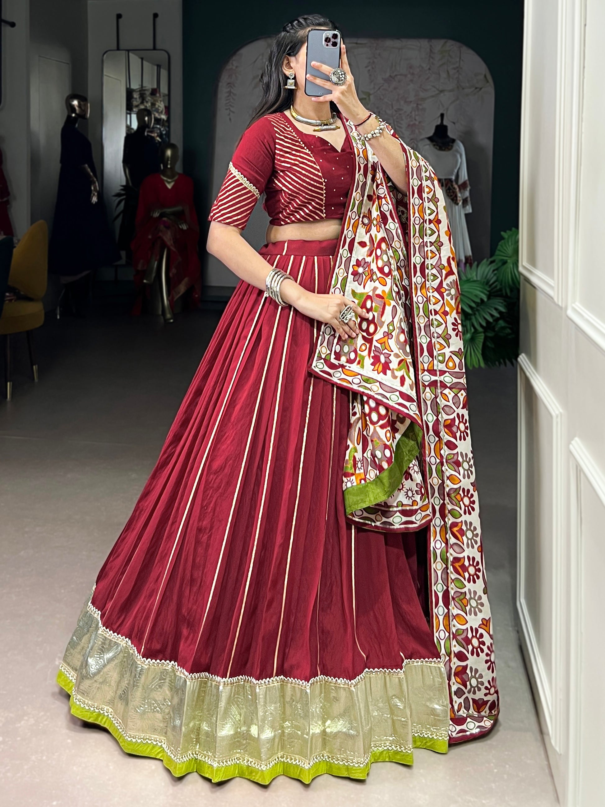 Fantastic Maroon Lace Work Chanderi Navratri Lehenga Choli With Dupatta