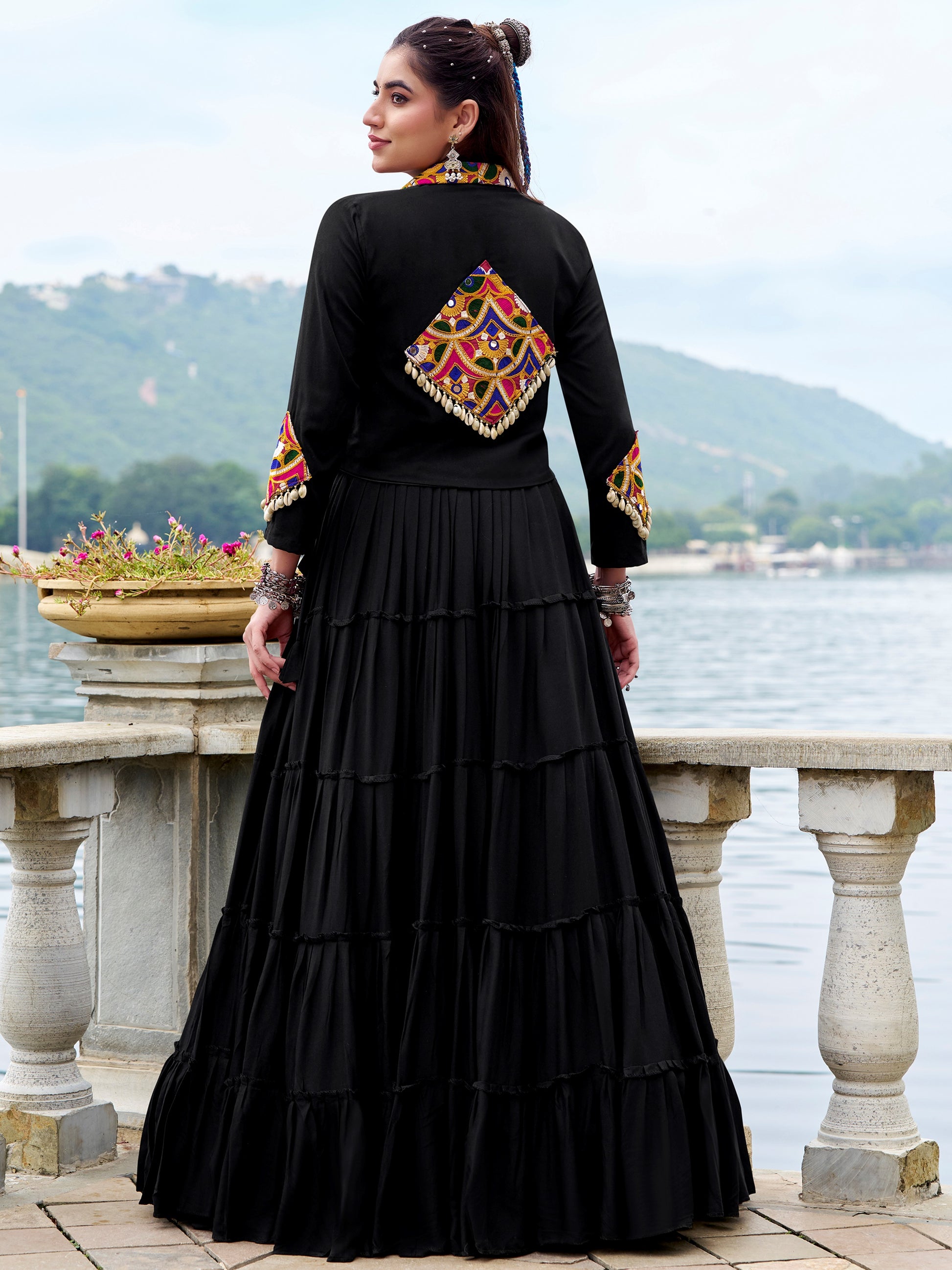 Dazzling Black Gamthi Work Rayon Navratri Wear  Lehenga Choli With Jacket