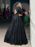Dramatic Black Gamthi Work Rayon Navratri Wear Lehenga Choli