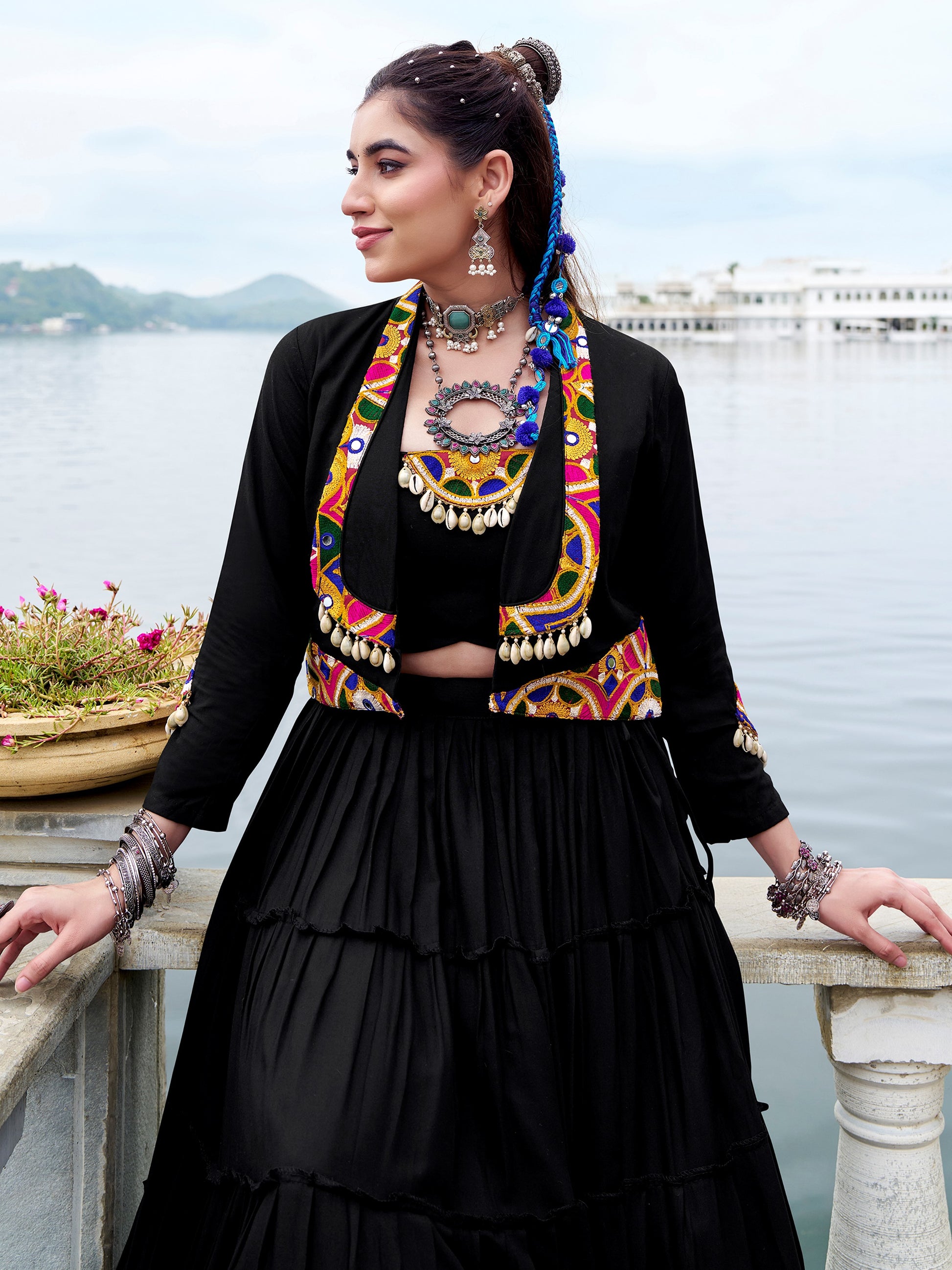 Dazzling Black Gamthi Work Rayon Navratri Wear  Lehenga Choli With Jacket