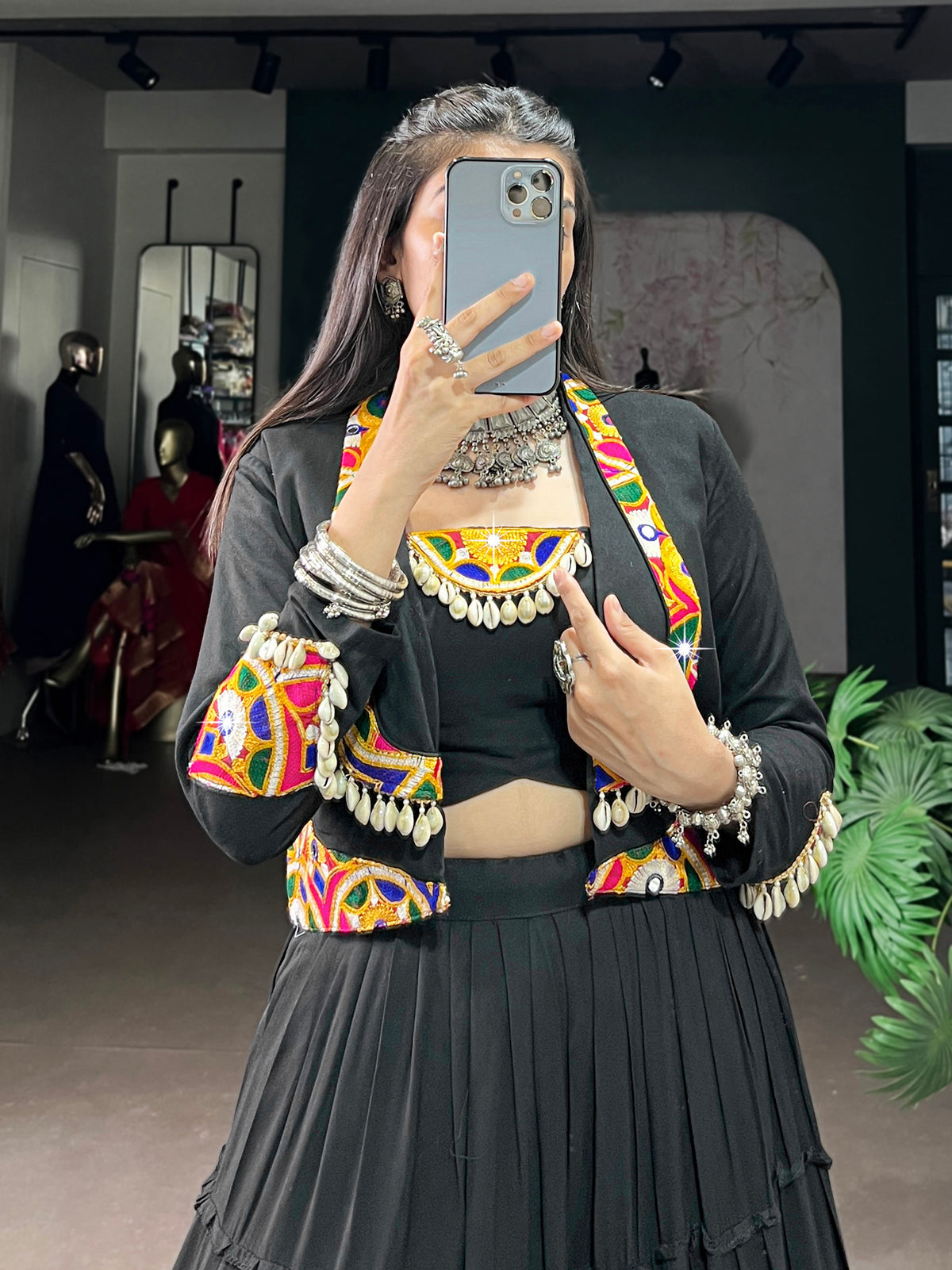 Dramatic Black Gamthi Work Rayon Navratri Wear Lehenga Choli