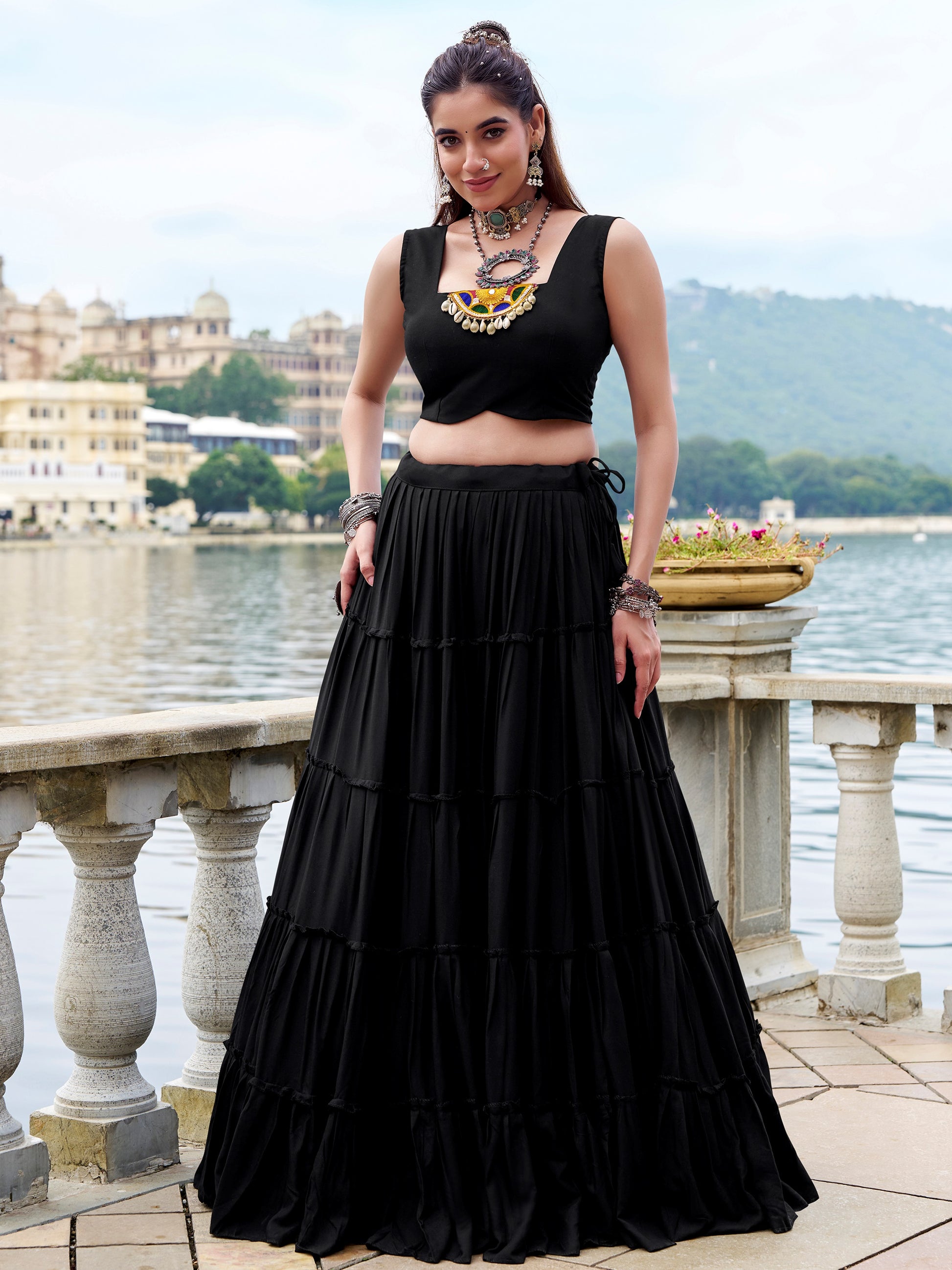 Dazzling Black Gamthi Work Rayon Navratri Wear  Lehenga Choli With Jacket