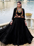 Dazzling Black Gamthi Work Rayon Navratri Wear  Lehenga Choli With Jacket