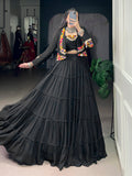 Dramatic Black Gamthi Work Rayon Navratri Wear Lehenga Choli