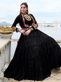 Dazzling Black Gamthi Work Rayon Navratri Wear  Lehenga Choli With Jacket